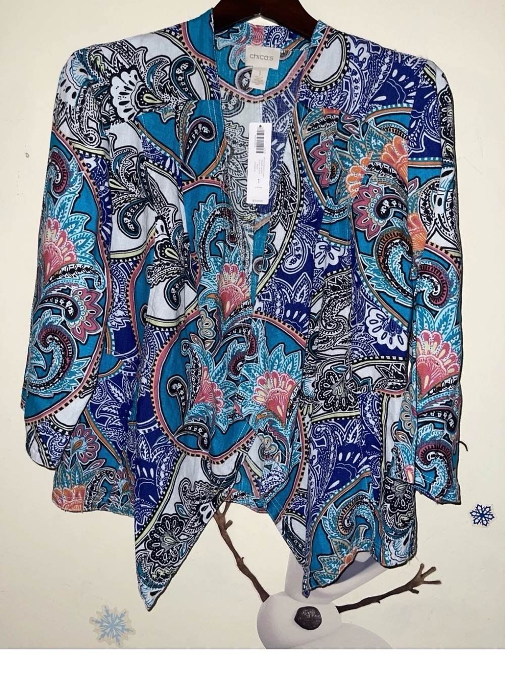 Chicos Womens Linen Turquoise Paisley Open Front Drape Jacket 3/4 Slv NWT